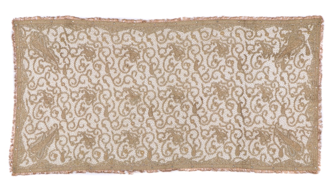 Old Heavy Dupatta with Zardozi Gold Embroidery, India, Early 20th C.: Old Heavy Dupatta with Zardozi Gold Embroidery, India, Early 20th C. Exquisitely embroidered dupatta using the zardozi technique of metallic embellishment using silver and gold wire (Kalabatun) on a w