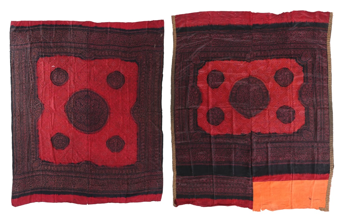 2 Silk Satin Bhandani Odhani Head Shawls, India, Early-Mid 20th C.: 2 Silk Satin Bhandani Odhani Head Shawls, India, Early-Mid 20th C. Size: 1) 5'2'' x 6'4'' (157 x 193 cm); 2) 4'11'' x 6'2'' (150 x 188 cm). Provenance: The Carol Summers Collection of Indian Folk Text