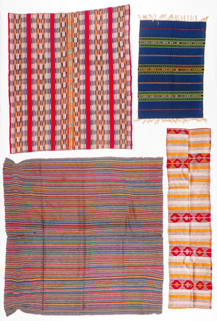 Collector's Lot of 4 Textiles, Guatemala, 20th C.: Collector's Lot of 4 Textiles, Guatemala, 20th C. 1) Striped panel: Cotton, with fringes. 2) Ikat Tzute: Two joined panels woven with tie-dyed cotton threads. 3) Ceremonial fragment: Cotton and silk.