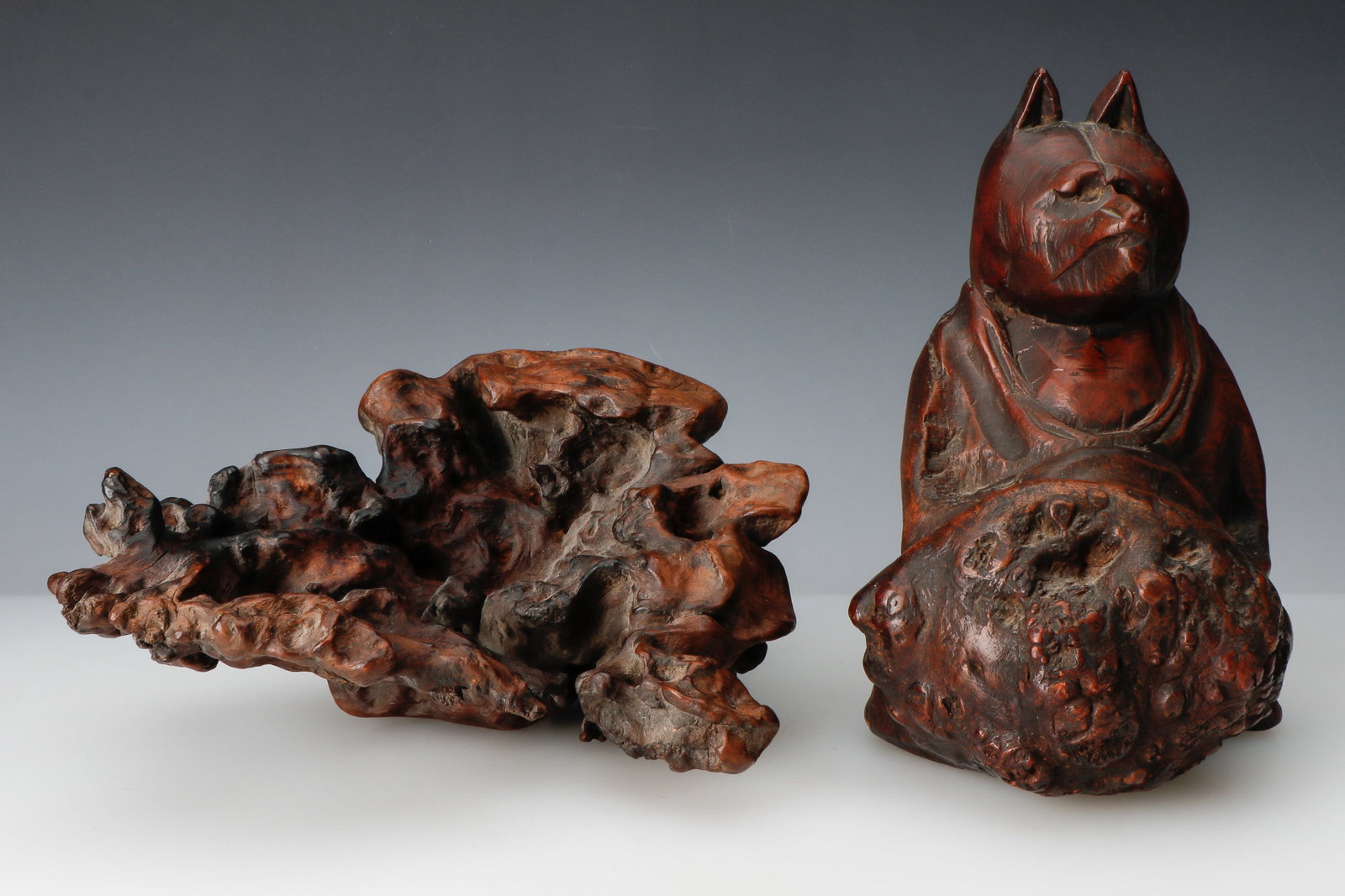 2 Antique Japanese Rootwood Sculptures, Meiji Period: 2 Antique Japanese Rootwood Sculptures, Meiji Period. Sizes: 1) 9.75'' x 6.5'' x 7'' (25 x 17 x 18 cm); 2) 5'' x 10.5'' x 9'' (13 x 27 x 23 cm). Provenance: Ex collection of Dr. Horacio Fabrega, Pitts