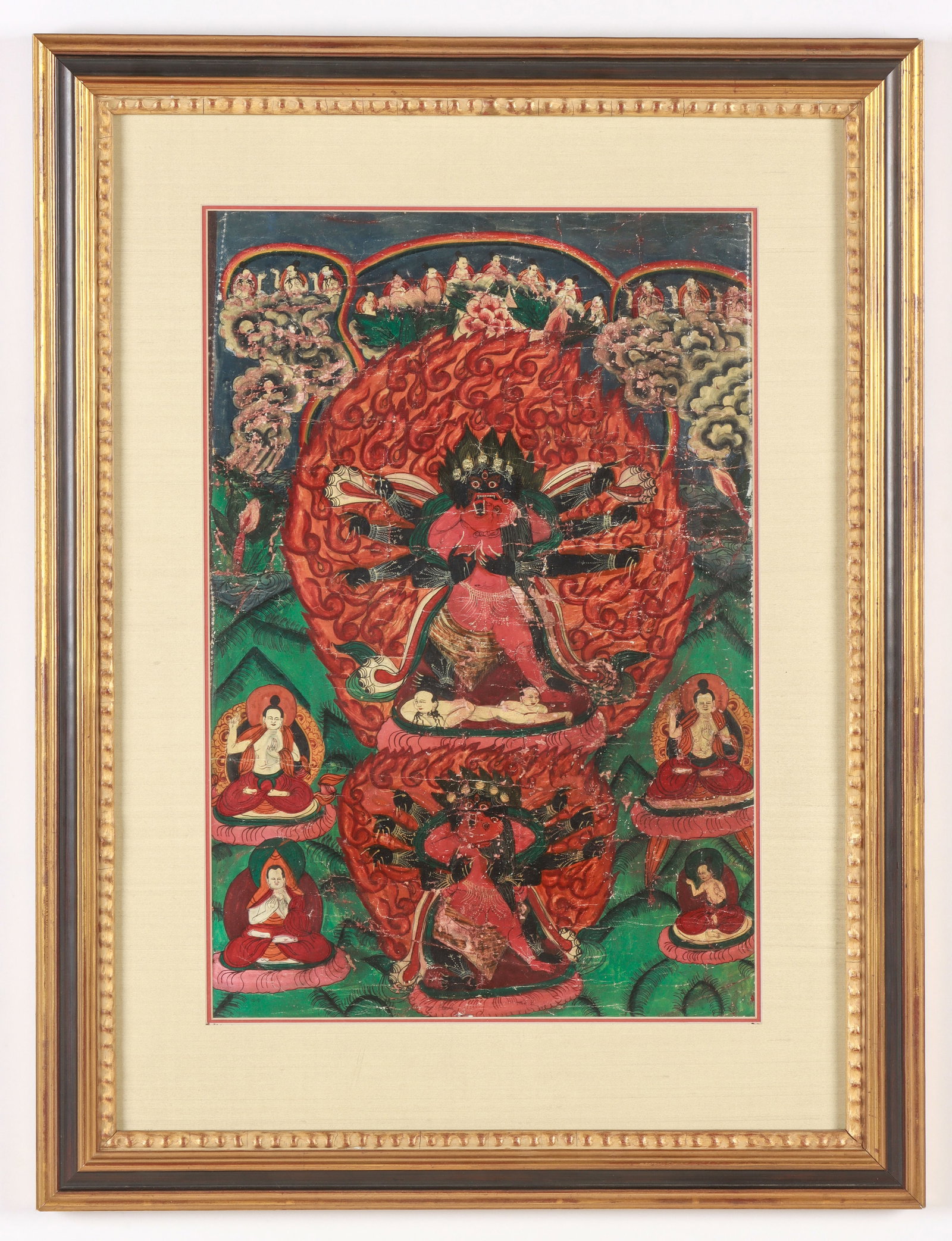 Antique Tibetan Thangka of 6-Arm Mahakala With Consort Yabyum: Antique Tibetan Thangka of 6-Arm Mahakala With Consort Yabyum. Framed. Size: 18'' x 12.5'', 46 x 32 cm (sight); 26.75'' x 21.5'', 68 x 55 cm (frame). Provenance: A North Carolina Estate.