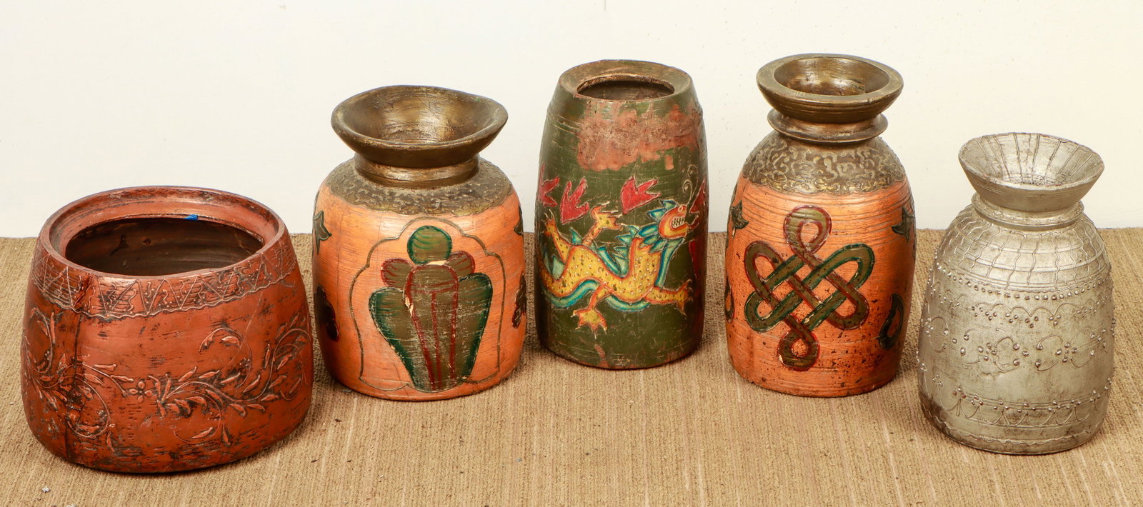 Collector's Lot of 5 Vintage Nepali Painted Teak Wood Jars: Collector's Lot of 5 Vintage Nepali Painted Teak Wood Jars. Heights Ranging From: 9'' (23 cm); To: 13.5'' (34 cm).