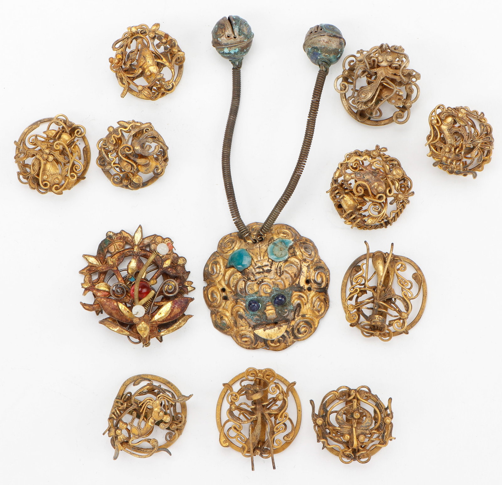 12 Antique Chinese Gilt Metal And Wire Hat Ornaments: 12 Antique Chinese Gilt Metal And Wire Hat Ornaments. Butterfly and insect forms and 1 foo dog face. Diameters Ranging From: .75" (2 cm); To: 1.5" (4 cm). Provenance: Collection of Brooke and Dov Jaro