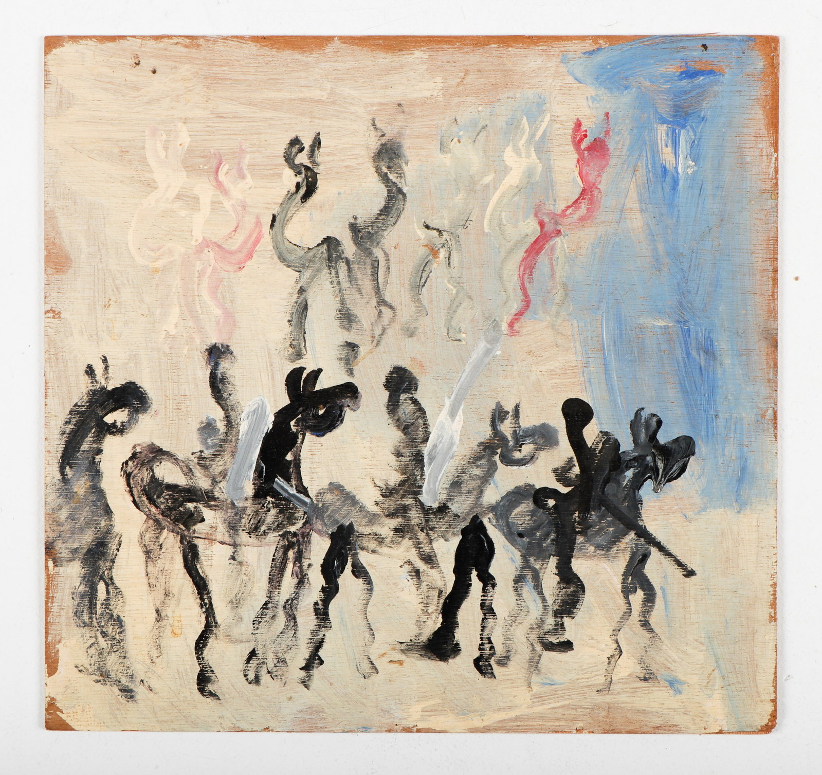Purvis Young (American, 1943-2010): Purvis Young (American, 1943-2010) Mixed media painting on board, unsigned. Unframed. Size: 14'' x 14.75'' (36 x 37 cm).
