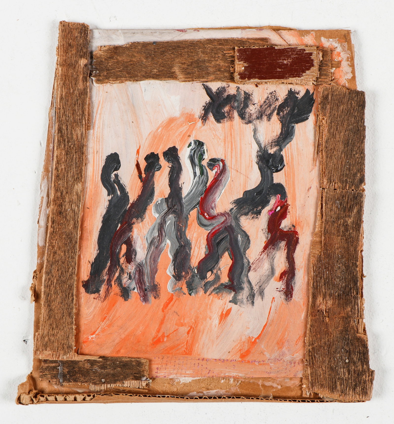 Purvis Young (American, 1943-2010): Purvis Young (American, 1943-2010) Mixed media assemblage painting on board and cardboard, signed. Unframed. Size: 12.5'' x 11.5'' (32 x 29 cm).