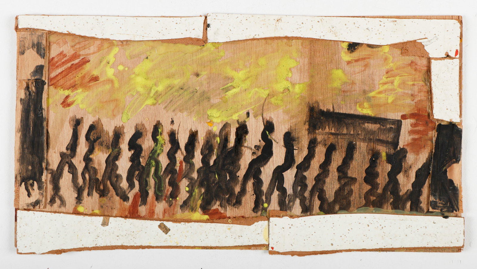 Purvis Young (American, 1943-2010): Purvis Young (American, 1943-2010) Mixed media assemblage painting on board, unsigned. Unframed. Size: 26.25'' x 13.75'' (67 x 35 cm).