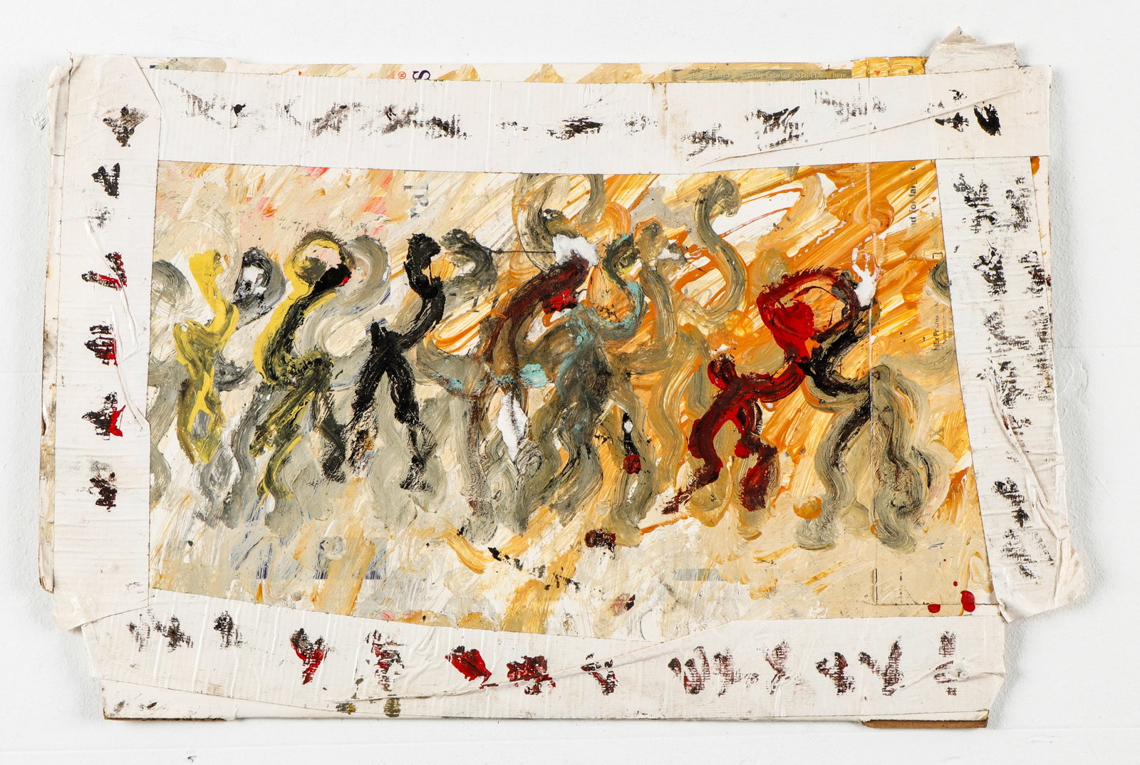 Purvis Young (American, 1943-2010): Purvis Young (American, 1943-2010) Mixed media assemblage painting on cardboard, unsigned. Unframed. Size: 14'' x 21'' (36 x 53 cm).