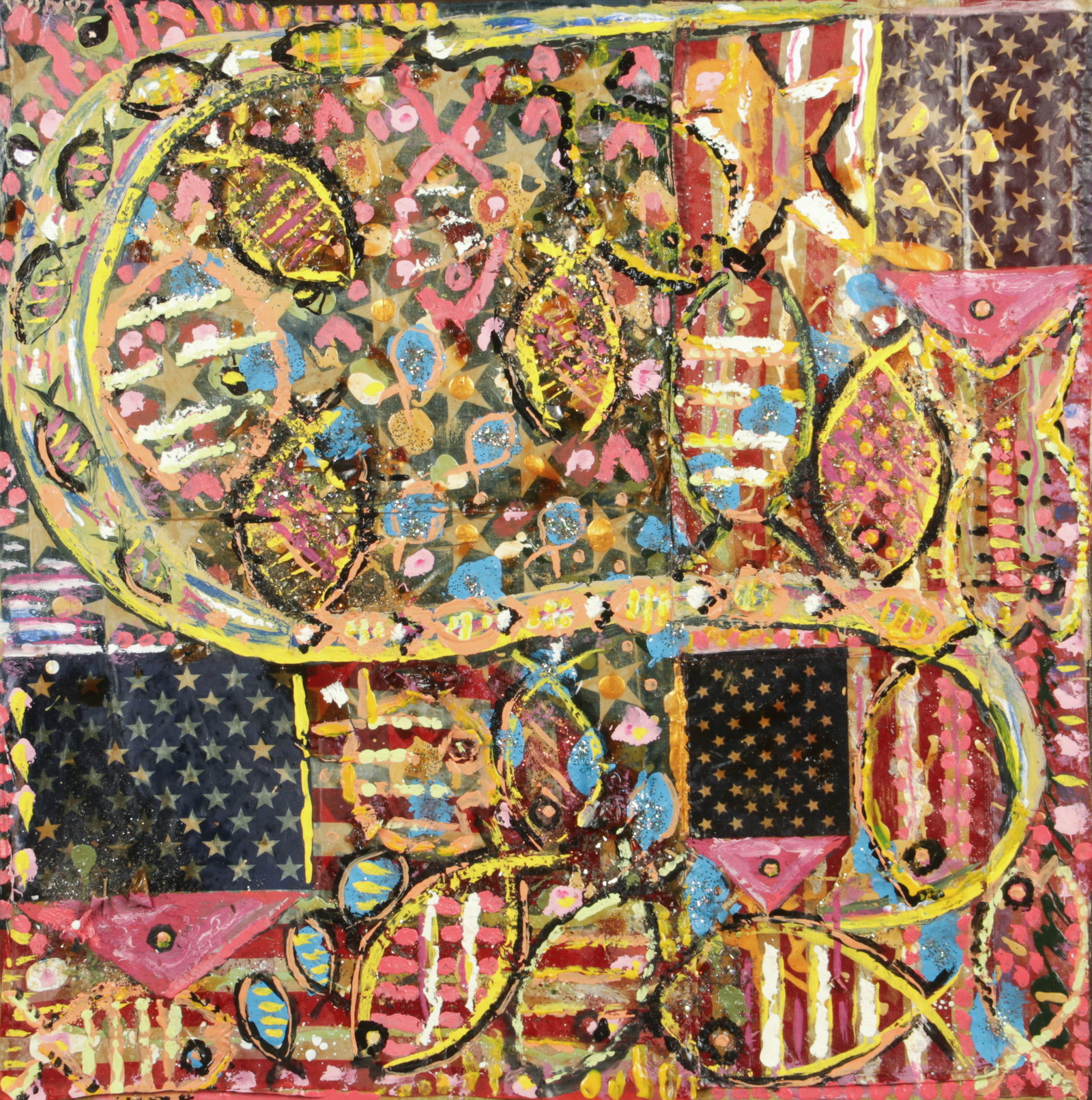 Outsider Art Card Table Painting, 20th C.: Outsider Art Card Table Painting, 20th C. Mixed Media. Size: 31'' x 31'', 79 x 79 cm (object).