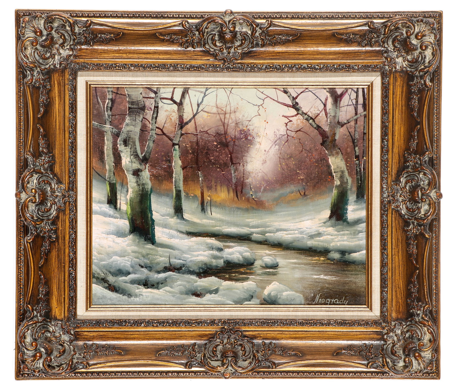 Laszlo Neogrady (1896-1962) "Winter Landscape," 1933: Laszlo Neogrady (Hungarian, 1896-1962) "Winter Landscape," 1933, oil painting on canvas, signed and dated. Framed. Size: 16'' x 20'', 41 x 51 cm (stretcher); 26'' x 30'', 66 x 76 cm (frame).
