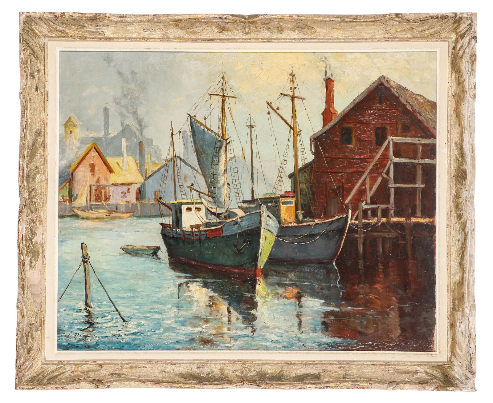 Laszlo Neogrady (1896-1962) "Harbor Scene with Boats": Laszlo Neogrady (Hungarian, 1896-1962) "Harbor Scene with Boats," oil painting on canvas, signed. Framed. Size: 24'' x 30'', 61 x 76 cm (stretcher); 29.25'' x 35.25'', 74 x 90 cm (frame).
