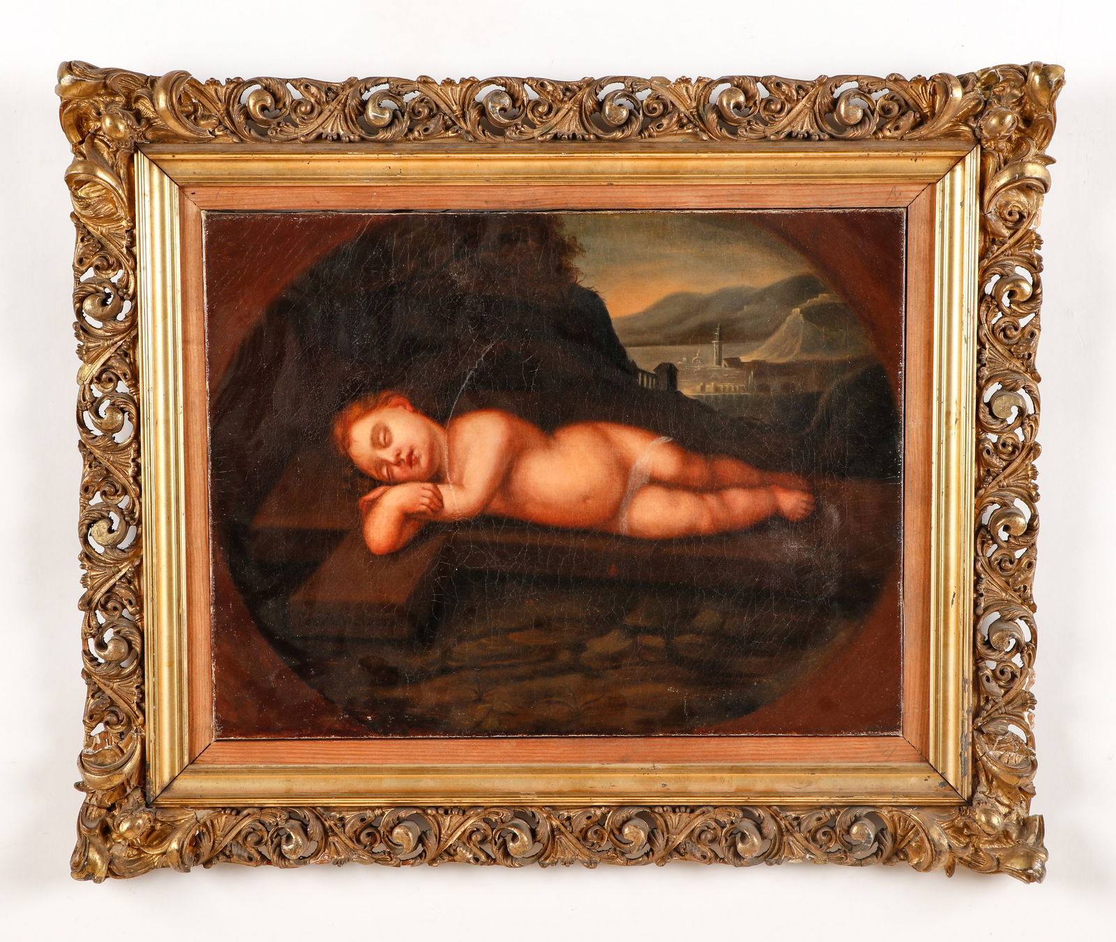 Manner of Francesco Albani (1578-1660) "The Sleeping Christ Child": Manner of Francesco Albani (Italian, 1578-1660) "The Sleeping Christ Child," oil painting on canvas. Framed. Size: 16'' x 21'', 41 x 53 cm (stretcher); 24.5'' x 29.5'', 62 x 75 cm (frame).