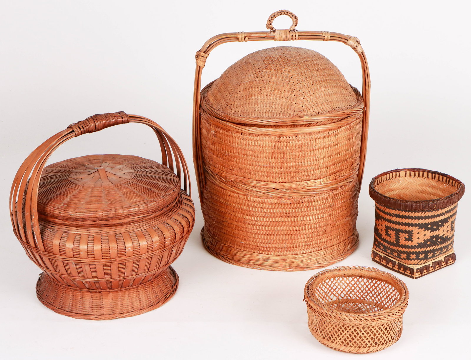 4 Basket Collector's Lot, Okinawa, Japan, Mid/Late 20th C.: 4 Basket Collector's Lot, Okinawa, Japan, Mid/Late 20th C. Sizes Ranging From: 3'' x 6.5'' x 6.5'' (8 x 17 x 17 cm); To: 17'' x 13'' x 12'' (43 x 33 x 30 cm).