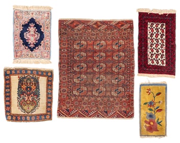 Estate Grouping of 5 Persian, Turkmen, Chinese Small Rugs