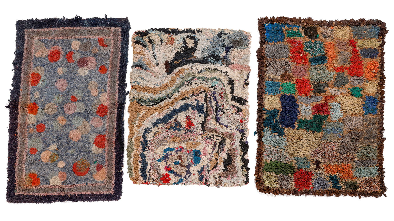 Group of 3 American Hooked Rugs, USA, Early 20th C: Group of 3 American Hooked Rugs, USA, Early 20th C., largest: 3'9'' x 4'5'' (114 x 135 cm). Weight: 22 lbs. Material: wool and cotton. Ex. Robert L. Pfannebecker Collection.