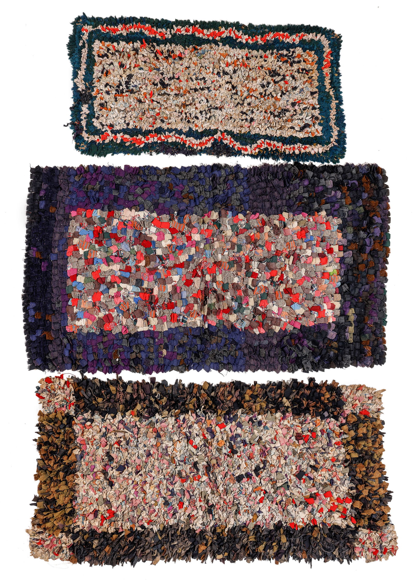 Group of 3 American Hooked Rugs, USA, Early 20th C: Group of 3 American Hooked Rugs, USA, Early 20th C., largest: 2'2'' x 3'10'' (66 x 117 cm). Weight: 9 lbs. Material: wool and cotton. Ex. Robert L. Pfannebecker Collection.