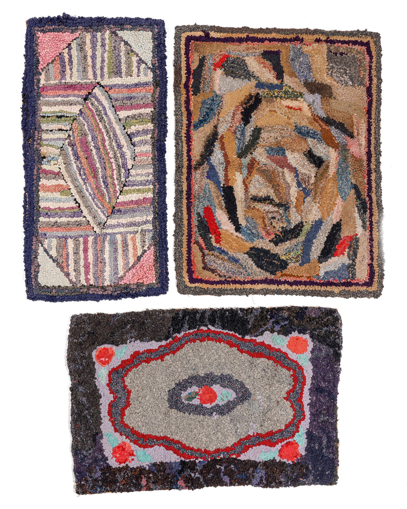 Group of 3 American Hooked Rugs, USA, Early 20th C: Group of 3 American Hooked Rugs, USA, Early 20th C., largest: 2'5'' x 3'1'' (74 x 94 cm). Weight: 10 lbs. Material: wool and cotton. Ex. Robert L. Pfannebecker Collection.