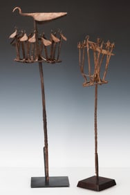 2 African Yoruba Osanyin Staffs, Nigeria, L: 27", 22"
