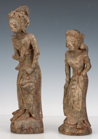 2 Balinese Carved Wood Shrine Figures, H: 15", 12"