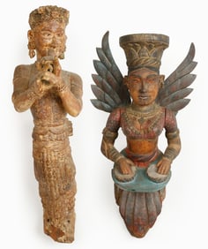 2 Balinese Carved Wood Figural Brackets