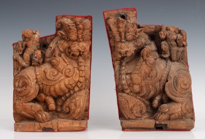 2 Indian Carved Wood Temple Chariot Panels