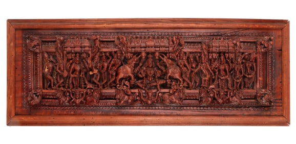 Antique Indian Carved Wood Panel of Gajalakshmi