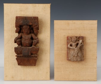 2 Antique Indian Relief Carved Wood Plaques
