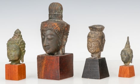 4 Antique Buddha Heads, S.E. Asia, 19th C.