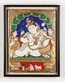 Antique Indian Tanjore Painting of Baby Krishna Stealing Butter (Ghee)
