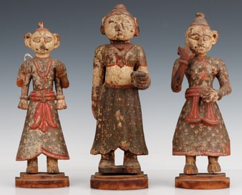 3 Antique Southeast Asian Polychrome Wood Figures