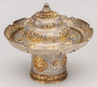 Tibetan Silver and Gilt Dhakya Butter Tea Cup Base and Crown