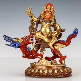 Nepali Buddhist Gilt and Painted Copper Figure of Jambhala