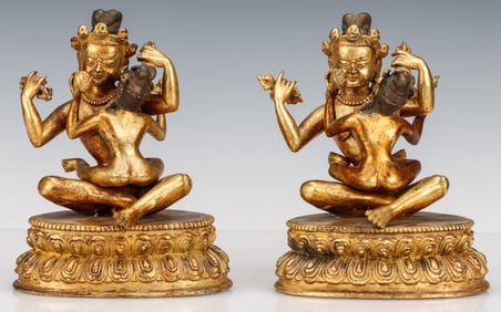 2 Nepali Buddhist Gilt Copper Figural Groups of Ghantapa And Consort