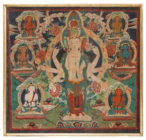Monumental Antique Tibetan Thangka of 11-Headed Avalokiteshvara, 70" x 74"