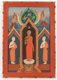 Thai Painting of Buddha Flanked By 2 Disciples