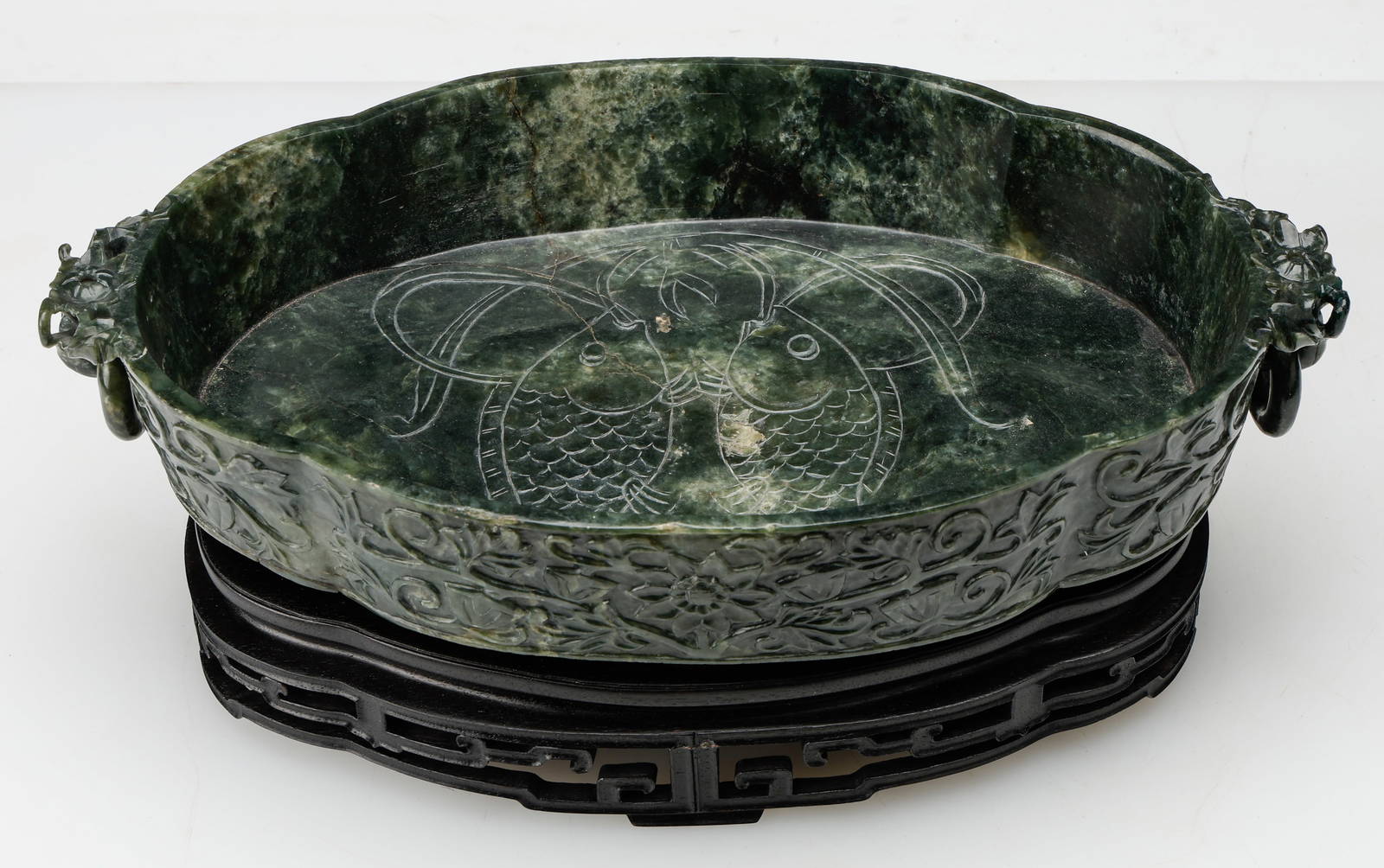 Chinese Spinach Jade Marriage Bowl, 3'' X 16'' X 9'' Auction