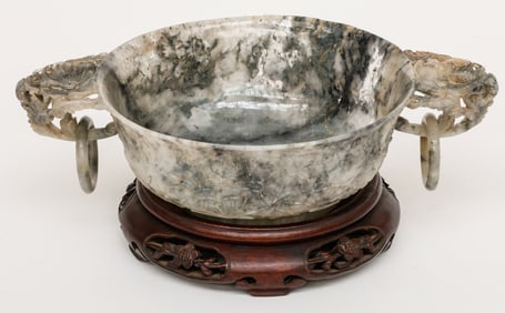 Chinese Mottled Grey and White Jade Marriage Bowl, 20th C.