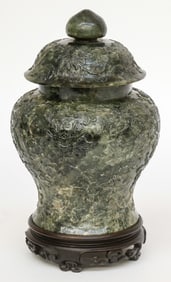 Chinese Spinach Jade Covered Urn, 20th C.
