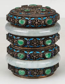 Chinese Silver Jade and Hardstone Mounted Covered Box, Early 20th C.