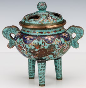 Antique Chinese Cloisonne Tripod Censer With Cover