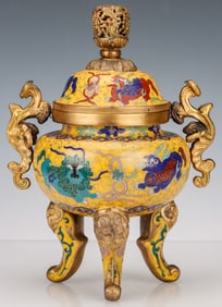 Antique Chinese Cloisonne Tripod Censer With Cover