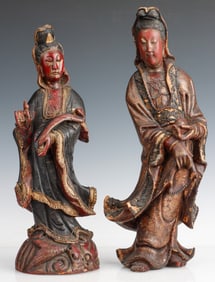 2 Antique Chinese Polychrome Wood Guanyin Figures, H:18", 19"