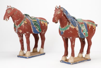 2 Chinese Tang Style Carved Wood Horses