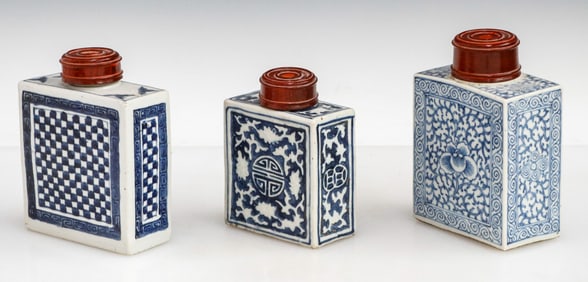 3 Chinese Blue & White Porcelain Tea Caddies, C. Early-Mid 19th C.