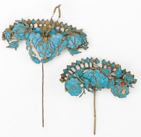 2 Antique Chinese Kingfisher Feather Hair Pin Ornaments
