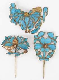3 Antique Chinese Kingfisher Feather Hair Pin Ornaments