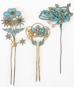 3 Antique Chinese Kingfisher Feather Hair Pin Ornaments