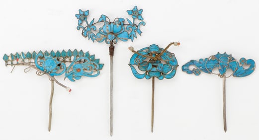 4 Antique Chinese Kingfisher Feather Hair Pin Ornaments