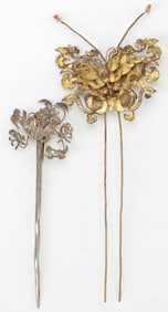 2 Antique Chinese Silver and Gilt Hair Pin Ornaments