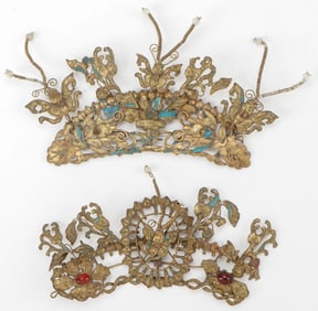 2 Antique Chinese Silver and Gilt Hair Pin Ornaments