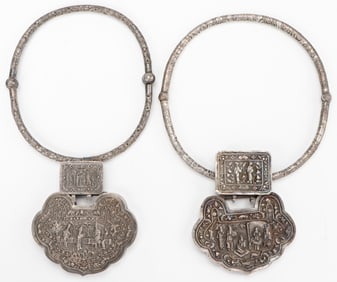 2 Large Antique Chinese Silver Lock Charm Pendant Necklaces